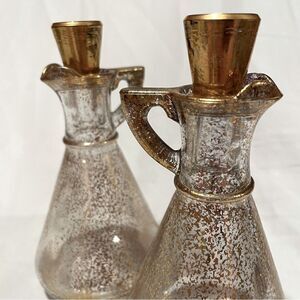 Hazel Atlas MCM vintage gold speckled glass set of 2 oil and vinegar cruets